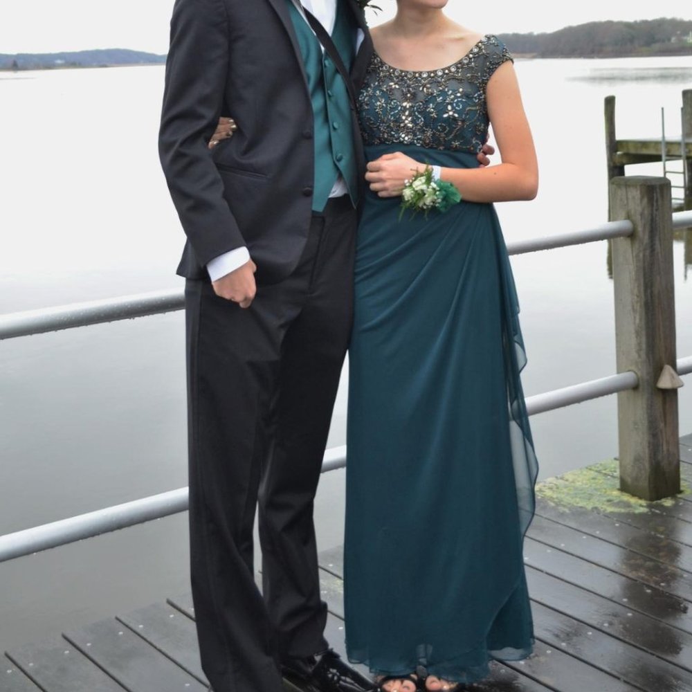 XSCAPE Long Sheer Blue-Green Evening Dress with Beaded Top